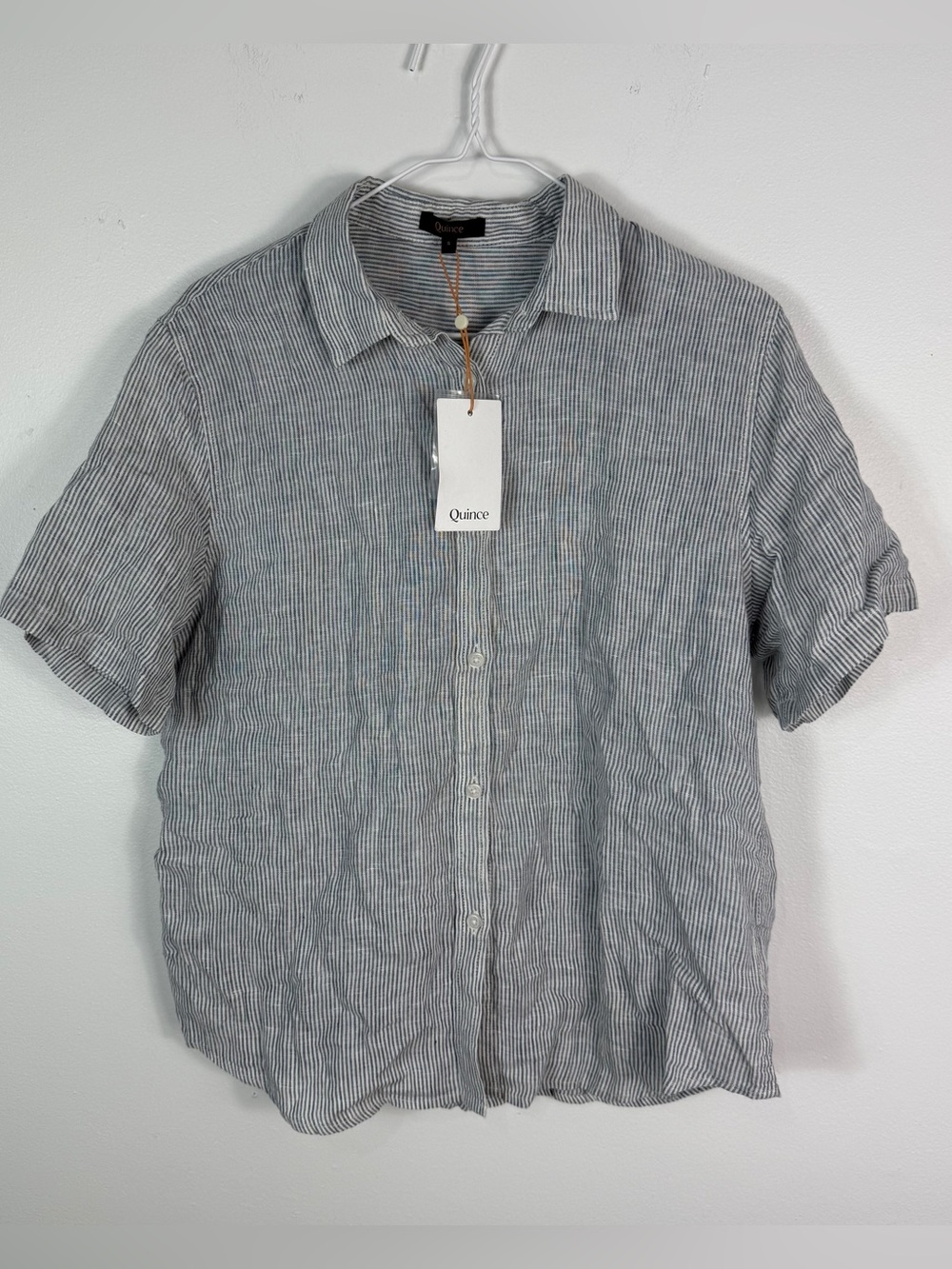 Quince European Linen Pajama Top Womens S Blue Pinstriped Short Sleeve Button Up